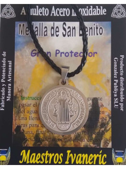 Große handgefertigte Edelstahl Talisman Saint Benedict 3,3cm Durchmesser. Mit Kordel