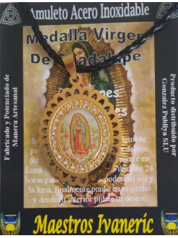 Handgefertigter großer Talisman aus Edelstahl, Jungfrau Guadalupe, 4,4 cm mit Schnur