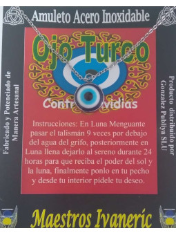 Handgefertigter Talisman Türkisches Auge in Edelstahlsockel, Gegen Neid