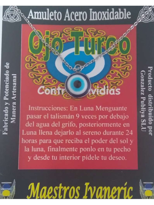 Handgefertigter Talisman Türkisches Auge in Edelstahlsockel, Gegen Neid