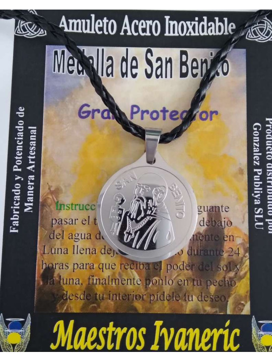 Handgefertigter Edelstahl-Talisman, St. Benedikt Medaille 3,1 cm mit Umhängeband