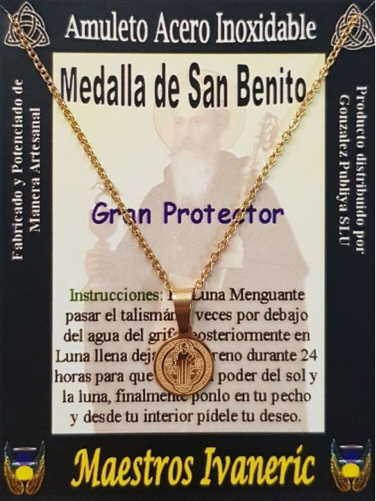 Goldener handgefertigter Talisman aus Edelstahl, Heiliger Benedikt, Großer Beschützer