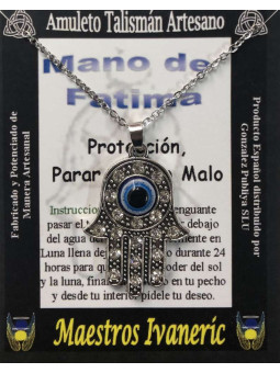 Handgefertigter Talisman Hand der Fatima mit Türkischem Auge und Quarz
