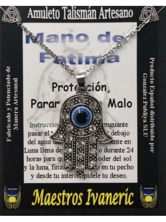 Handgefertigter Talisman Hand der Fatima mit Türkischem Auge und Quarz
