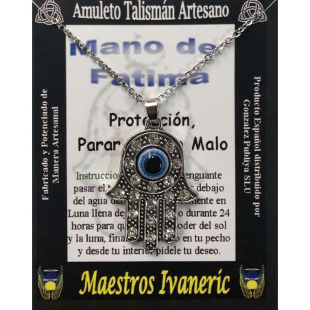 Handgefertigter Talisman Hand der Fatima mit Türkischem Auge und Quarz