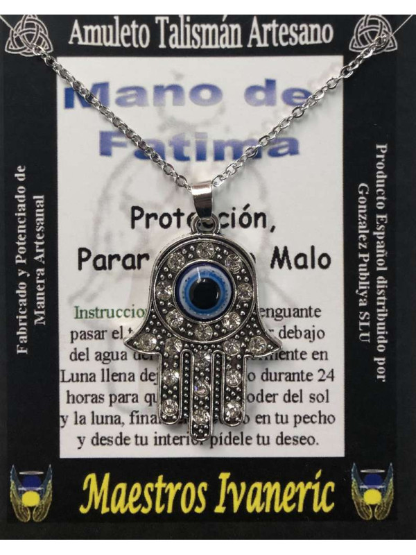 Handgefertigter Talisman Hand der Fatima mit Türkischem Auge und Quarz