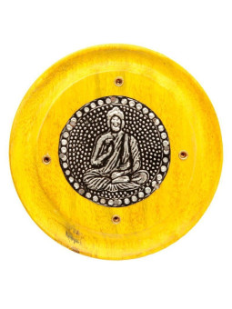 Runder Räucherstäbchenbrenner aus gelbem Mangoholz, Buddha