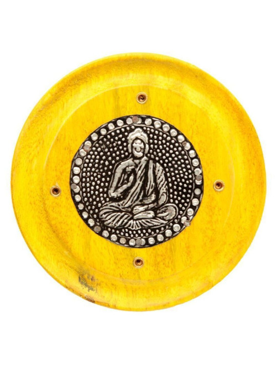 Runder Räucherstäbchenbrenner aus gelbem Mangoholz, Buddha