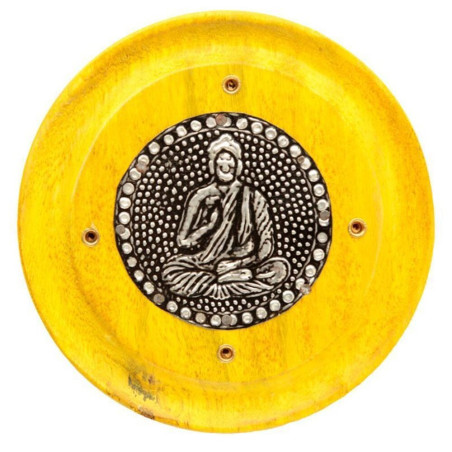 Runder Räucherstäbchenbrenner aus gelbem Mangoholz, Buddha