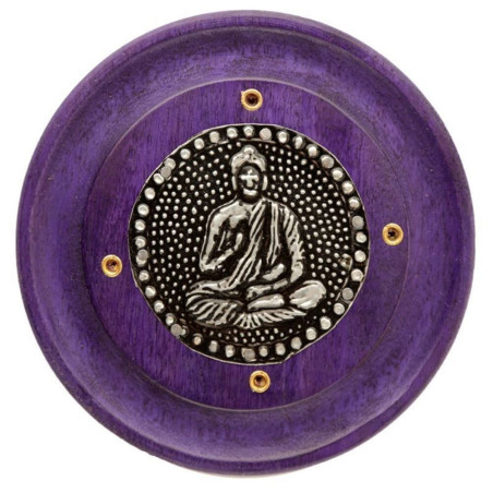 Lila Räuchergefäß mit rundem Griff aus Holz, Buddha