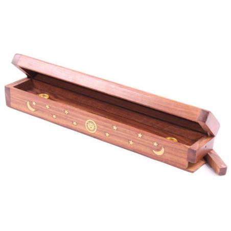Räucherstäbchen-Box Sonne, Mond und Sterne Design, Holz, für Kegel und Stäbchen