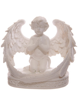 Doppelter Kerzenständer mit weißem, betendem Cherub mit Flügeln. 16 cm hoch x 18 cm breit