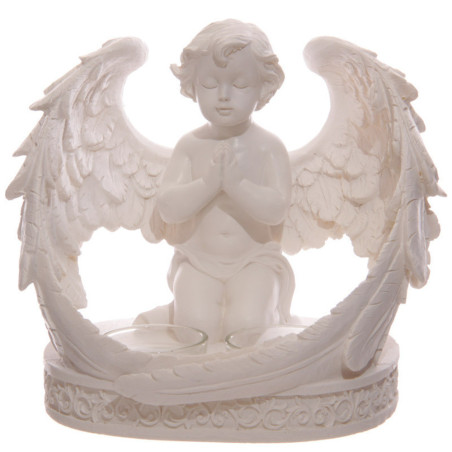 Doppelter Kerzenständer mit weißem, betendem Cherub mit Flügeln. 16 cm hoch x 18 cm breit