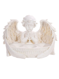 Dreifach-Kerzenhalter mit weißem Cherub mit Flügeln betend mit Kreuz . 21 cm hoch x 18 cm breit
