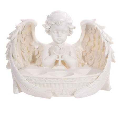 Dreifach-Kerzenhalter mit weißem Cherub mit Flügeln betend mit Kreuz . 21 cm hoch x 18 cm breit