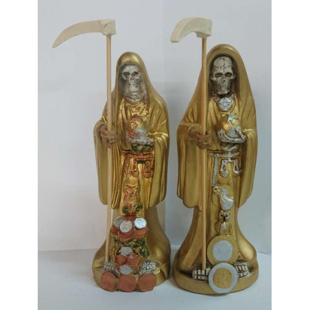 Handgefertigte Statue des Heiligen Todes aus Harz in Gold. 20 cm