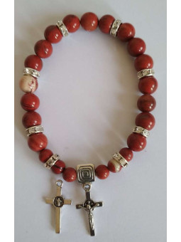 Mineralienarmband aus rotem Jaspis mit Kreuz des Heiligen Benedikt, Schutz