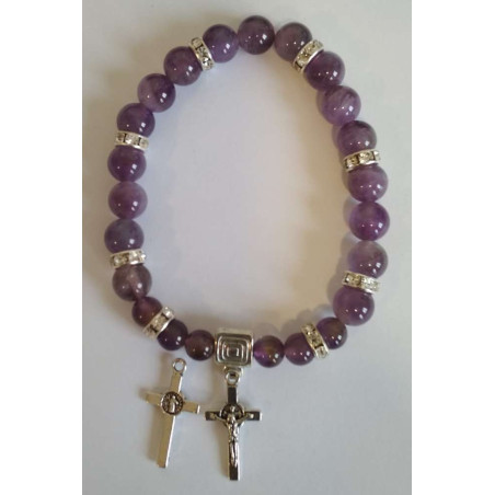 Amethyst-Mineral-Armband mit Kreuz des Heiligen Benedikt
