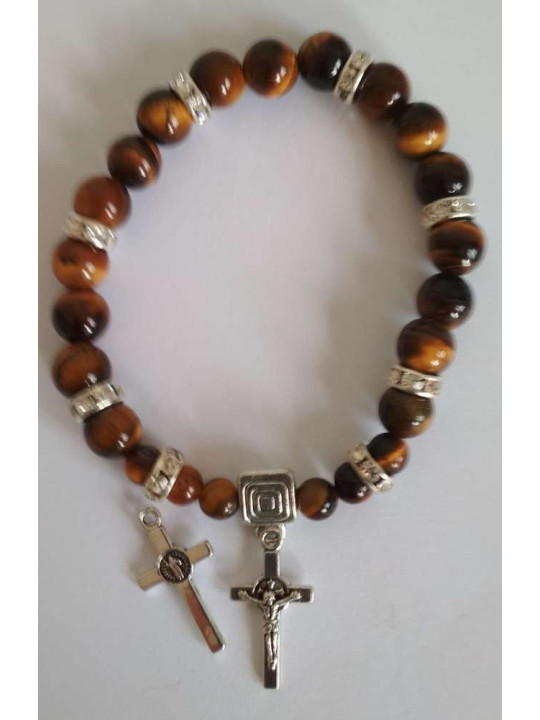 Tigerauge-Mineralienarmband mit Kreuz des Heiligen Benedikt