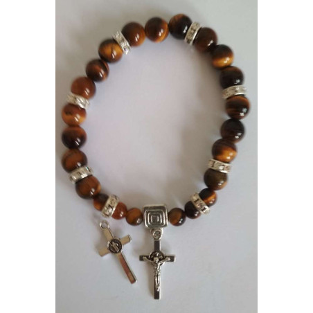 Tigerauge-Mineralienarmband mit Kreuz des Heiligen Benedikt