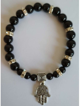 Schwarzes Turmalin-Mineral-Armband mit Hand der Fatima, Schutz