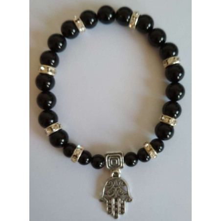 Schwarzes Turmalin-Mineral-Armband mit Hand der Fatima, Schutz