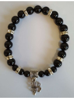 Schwarzes Turmalin-Mineral-Armband mit Glücksklee