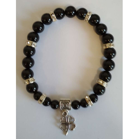 Schwarzes Turmalin-Mineral-Armband mit Glücksklee