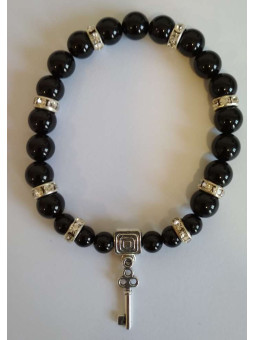 Schwarzes Turmalin-Mineral-Armband mit Straßenöffner-Schlüssel