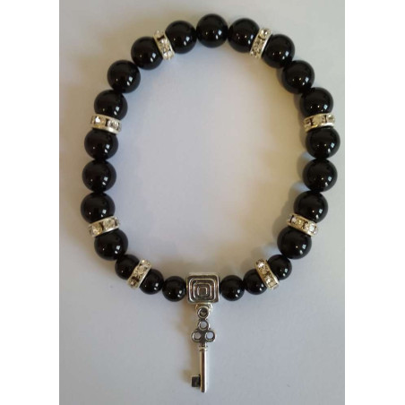 Schwarzes Turmalin-Mineral-Armband mit Straßenöffner-Schlüssel