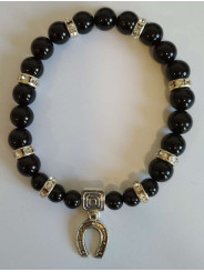 Schwarzes Turmalin-Mineral-Armband mit Glücks-Hufeisen