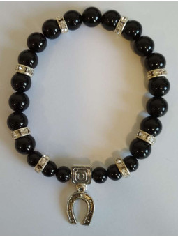 Schwarzes Turmalin-Mineral-Armband mit Glücks-Hufeisen