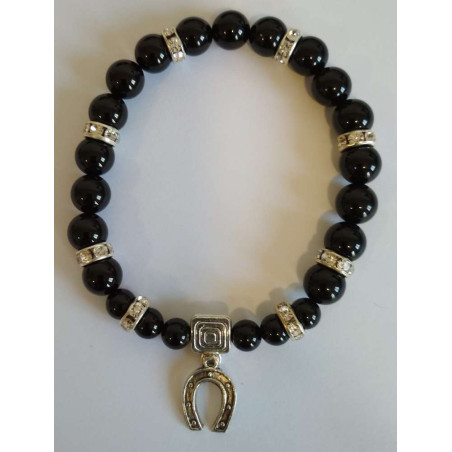 Schwarzes Turmalin-Mineral-Armband mit Glücks-Hufeisen