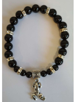 Schwarzes Turmalin-Mineral-Armband mit Glücksfrosch