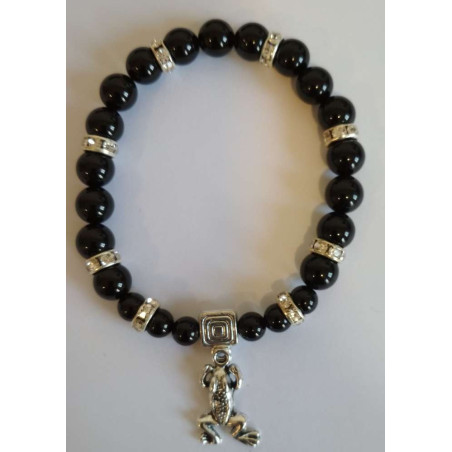 Schwarzes Turmalin-Mineral-Armband mit Glücksfrosch