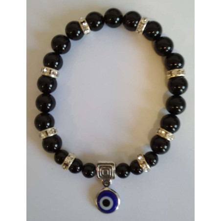 Schwarzes Turmalin-Mineral-Armband mit Türkischem Auge, gegen Neid