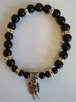 Schwarzes Turmalin-Mineral-Armband mit Sankt Michael, Verteidigung und Schutz