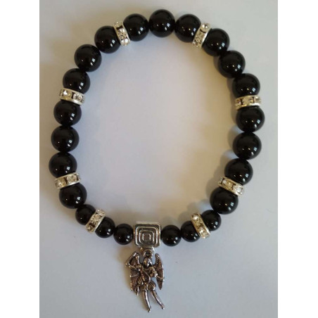 Schwarzes Turmalin-Mineral-Armband mit Sankt Michael, Verteidigung und Schutz