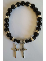 Schwarzes Turmalin-Mineral-Armband mit Kreuz des Heiligen Benedikt, Schutz