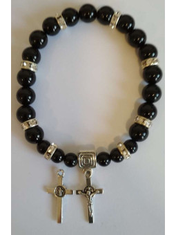 Schwarzes Turmalin-Mineral-Armband mit Kreuz des Heiligen Benedikt, Schutz