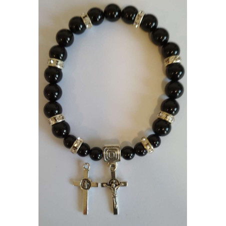 Schwarzes Turmalin-Mineral-Armband mit Kreuz des Heiligen Benedikt, Schutz