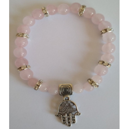 Rosenquarz-Mineral-Armband mit Hand der Fatima, Schutz
