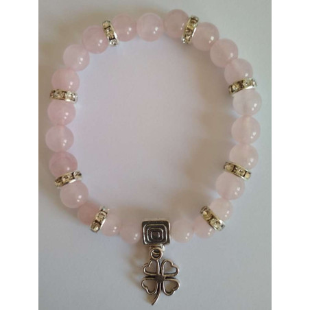 Rosenquarz-Mineralienarmband mit Kleeblatt der Glücksliebe