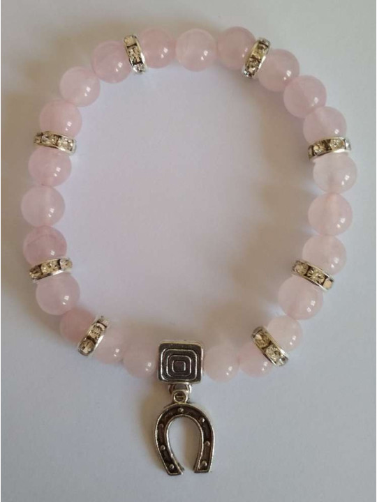 Rosenquarz-Mineralienarmband mit Hufeisen, Glücklich in der Liebe