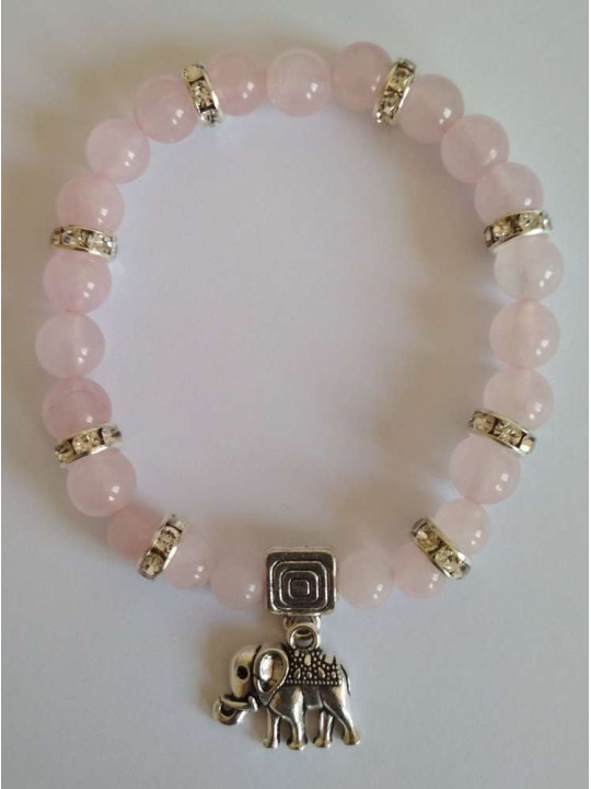Mineralienarmband Rosenquarz mit Elefant, Wohlstand in der Liebe