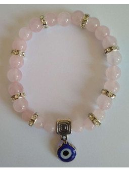 Rosenquarz-Mineralienarmband mit Türkischem Auge, Gegen Neid in der Liebe