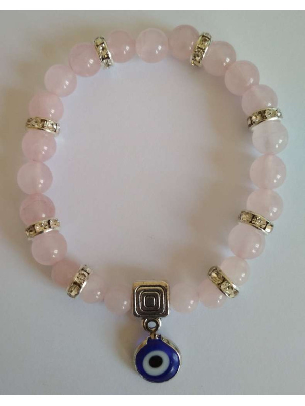 Rosenquarz-Mineralienarmband mit Türkischem Auge, Gegen Neid in der Liebe