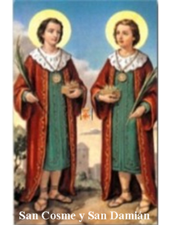 Plastifizierter Abdruck des Heiligen Cosmas und des Heiligen Damian, 5x7,5cm.