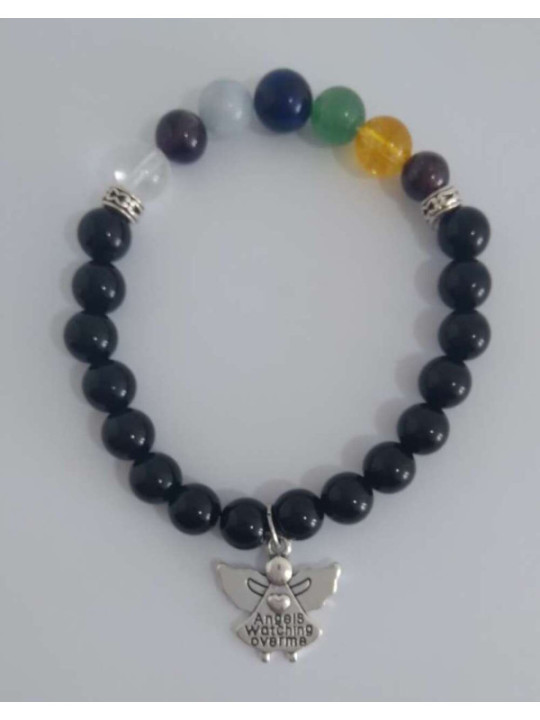 Kunsthandwerkliches Armband der Bestimmung, schwarzer Obsidian mit Engel. Schutz gegen Negativität
