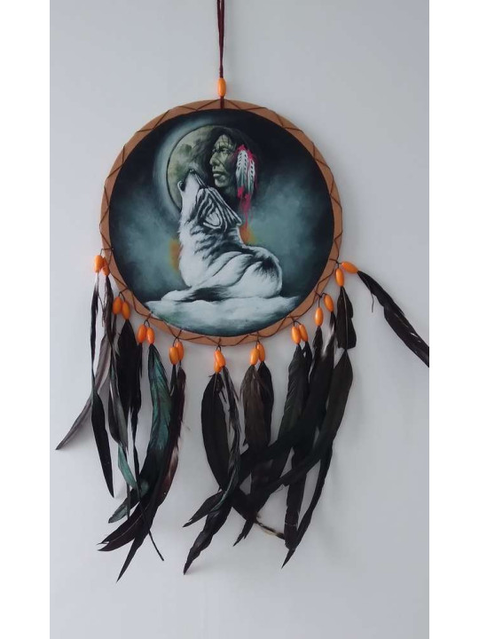 Handbemalter indianischer Traumfänger mit Wolf, ca. 26x54.